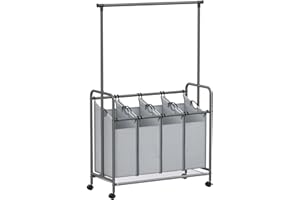 SONGMICS 4-Section Laundry Sorter, Rolling Laundry Hamper with Hanging Bar, Heavy-Duty Laundry Basket, Lockable Wheels Hampers for Laundry, 4 x 13.2 Gal., Gray URLS44GS