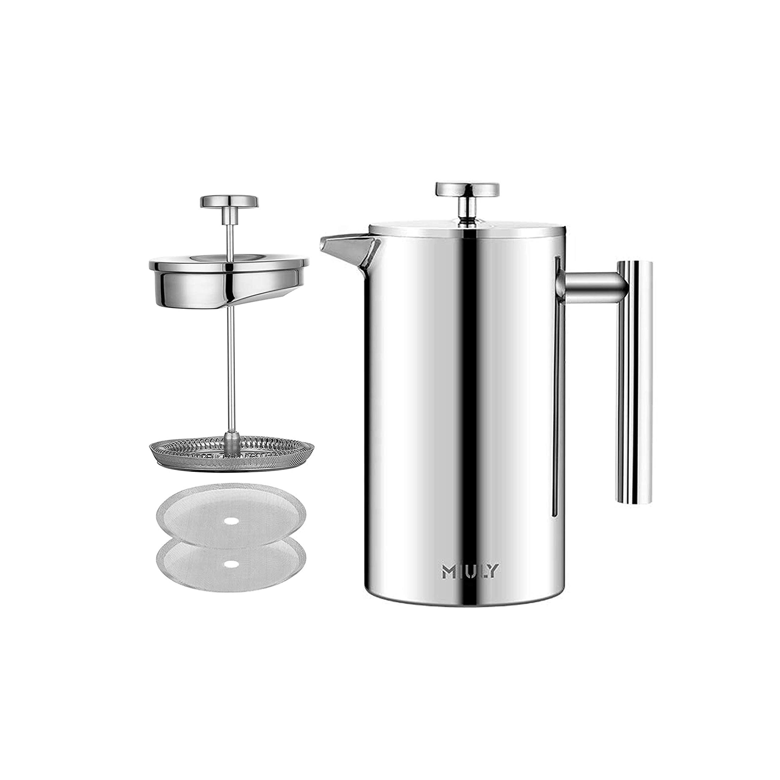 MaxMiuly Cafetiere French Press Small Szie 350ml/12oz,Stainless Steel Double Wall Heat Resistant Coffee Press with 3 Filter Screens (1 Cup Silver)