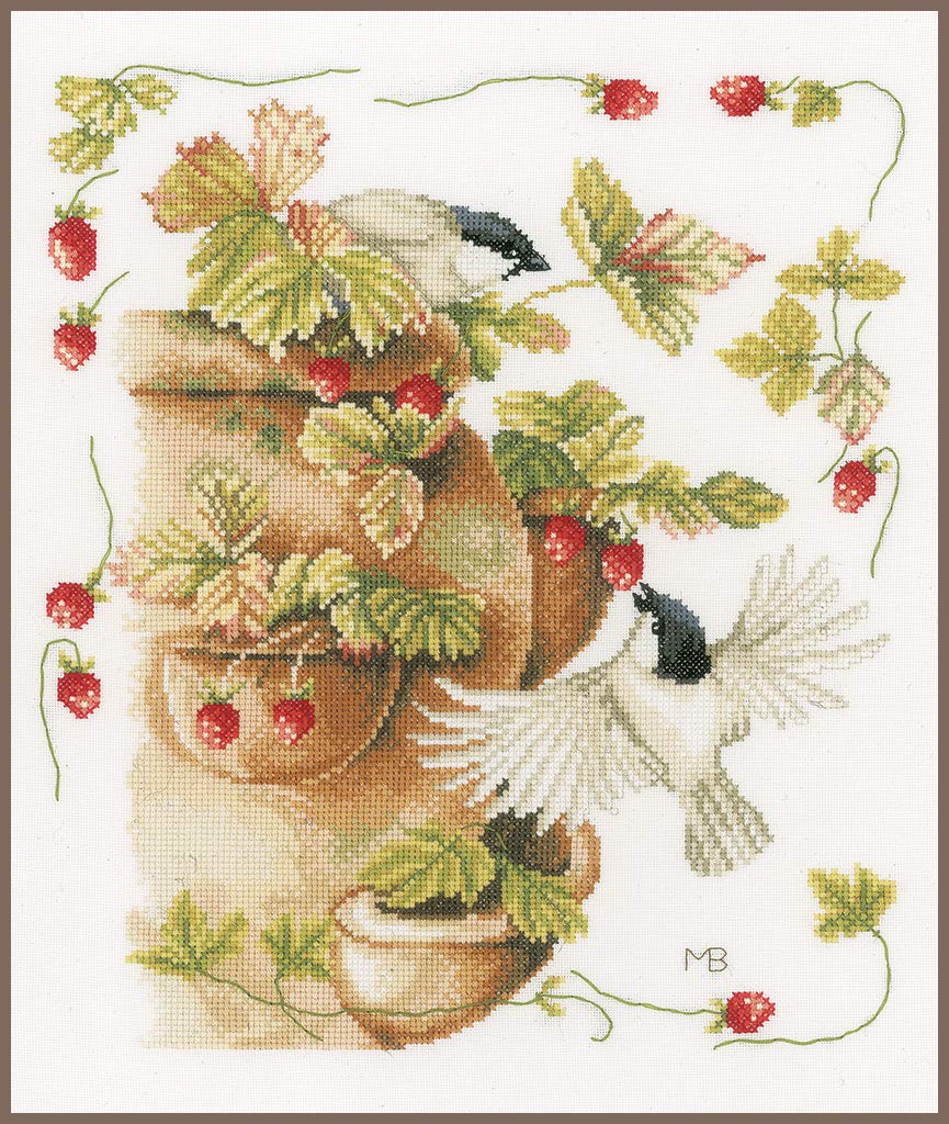 Lanarte Counted Cross Stitch Kit Strawberries & Birds (Evenweave), Fabric, Assorted, 32 x 22.5 x 2 cm