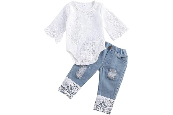 Juflam Baby Girl Clothes Toddler Infant Embroidered Lace Romper Top+ Jeans Denim Pant 2pcs Outfit Set
