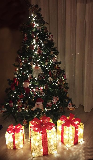 Addobbi Natalizi Amazon.Fdcompany Pacco Regalo Luminoso A Led Set 3 Pezzi Addobbo Natalizio Color Oro Con Fiocco Rosso Amazon It Casa E Cucina
