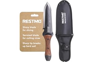 RESTMO Hori Hori Garden Knife with Sheath, Durable Weeding & Planting Tool with Dual-Edge High-Strength Stainless Steel Blade