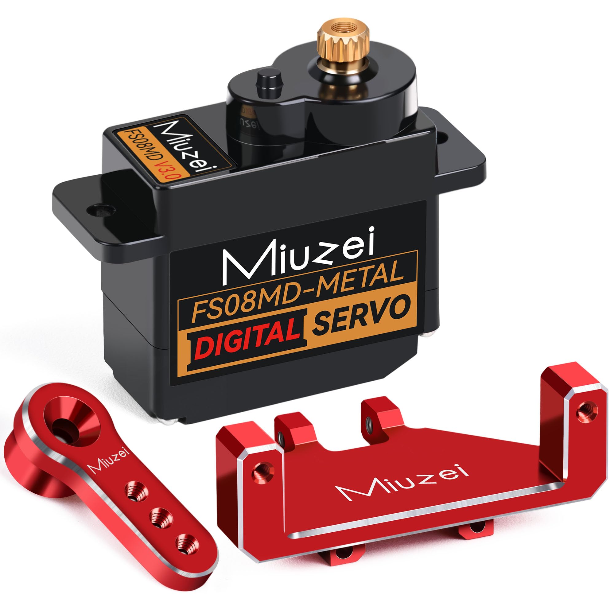 Miuzei Mini Servo RC Digital Servo ES08MA II Motor Metal Gear for 1/24 Car Boat Robot Arm 5V 180 Degree Micro Motor Steering Servo with Mount Horn and 25 cm Cable, Weight 12 g Red Pack