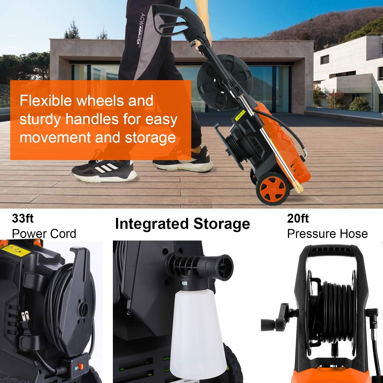 WHOLESUN 3000PSI Electric Pressure Washer 2.4GPM Power Washer 1600W High Pressure Cleaner Machine with 4 Nozzles Foam Cannon, Best for Cleaning Homes, Cars, Driveways, Patios (Orange) : Garden & Outdoor