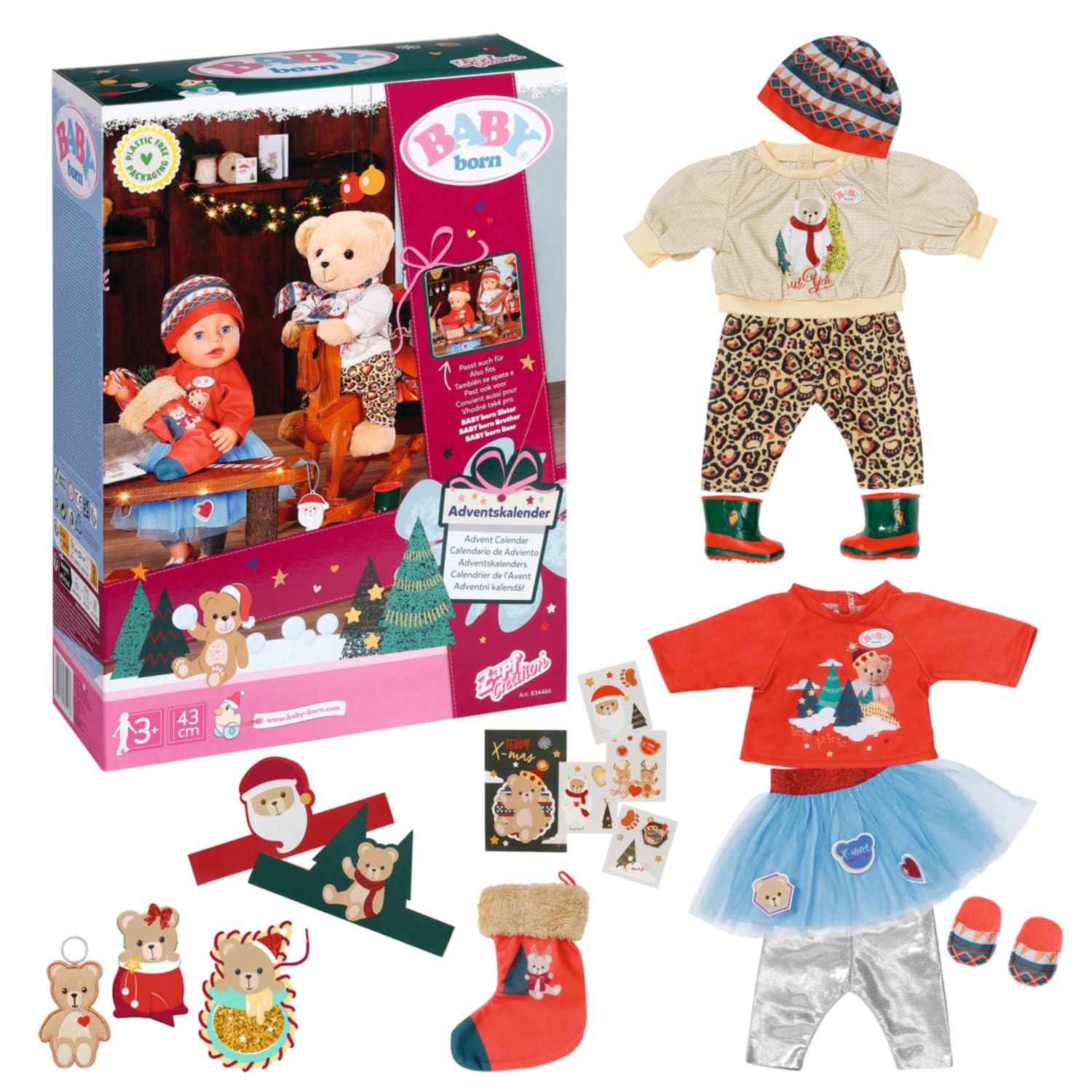 Baby born Advent Calendar 834466 - 24 Christmas-Themed Clothing Items and Accessories for Dolls up to 43cm - Includes Jumper, Hat, Boots, Stickers & More - Suitable for Kids from 3+