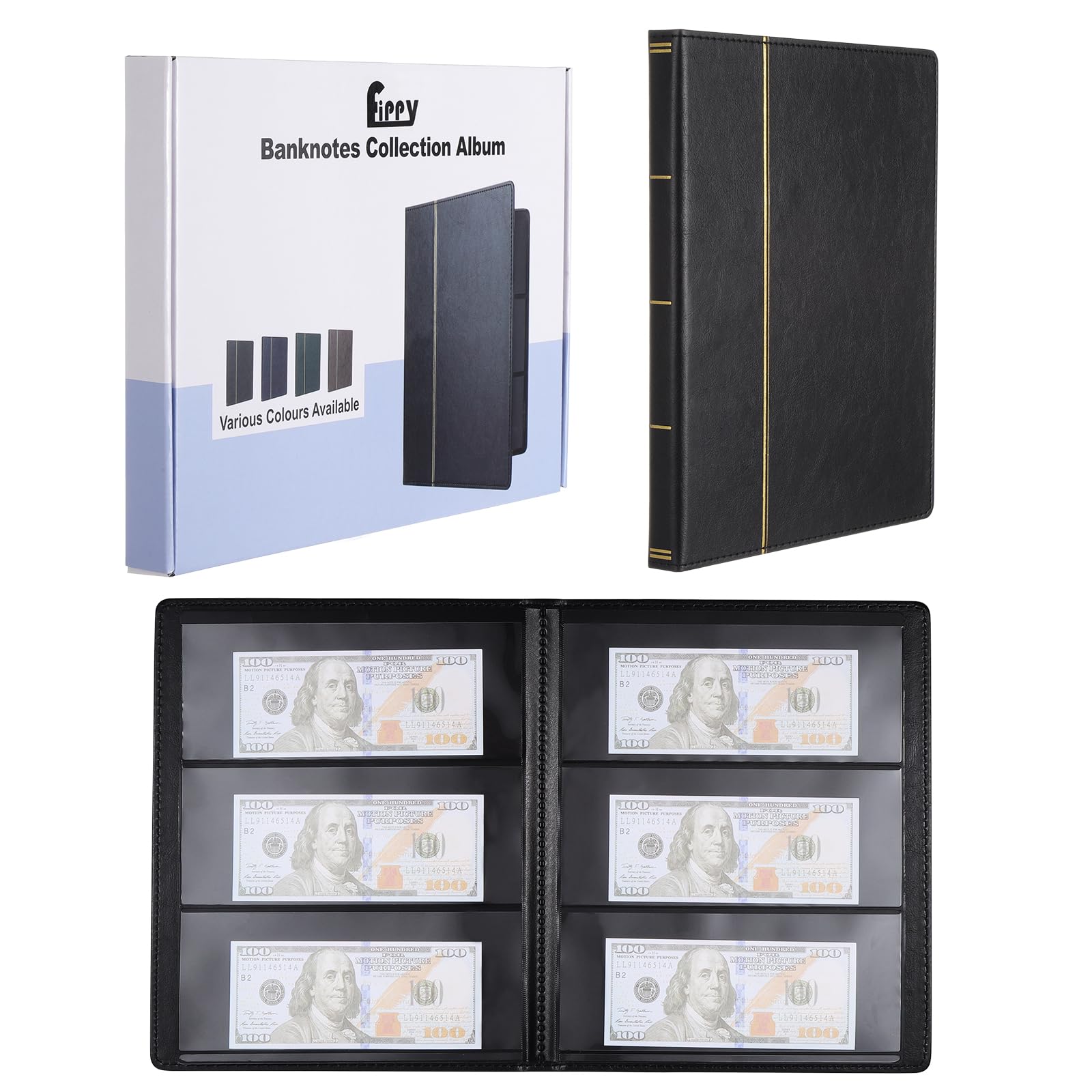 Fippy 60 Pockets Banknote Album Paper Money Collection Album for Collectors, leather Currency Collection Storage Album for Banknote Bill Stamp Storage Display (Black)