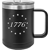 Rogue River Tactical USA American Flag 1776 Betsy Ross Flag Heavy Duty Stainless Steel Black Coffee Mug Tumbler With Lid Novelty Cup Great Gift Idea