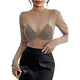 Pink Queen Women's Mesh Sheer Tops Sexy See Through Mandarin Collar FIt Party Clubwear Shirts
