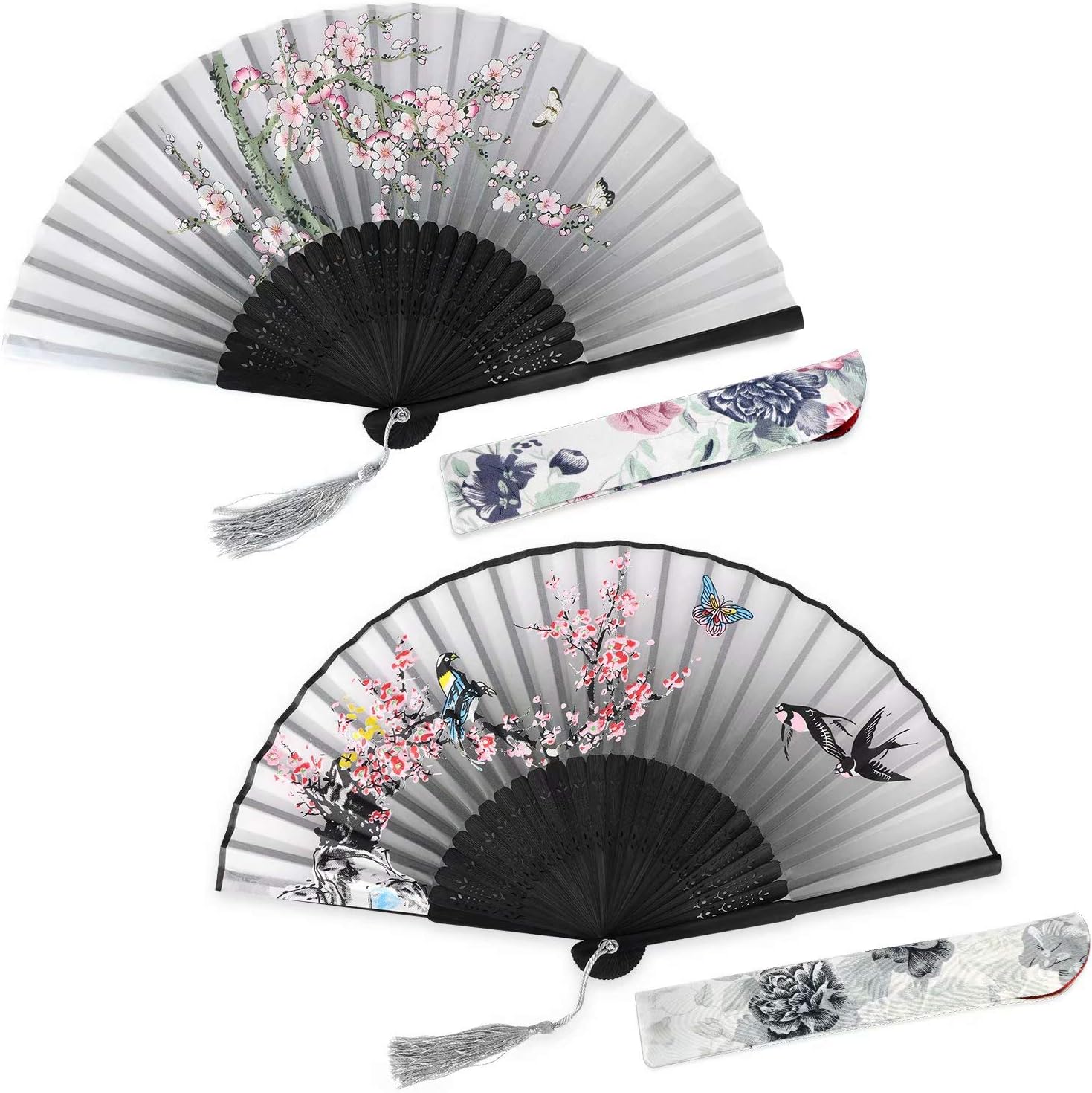 Hand Held Folding Fan, 2-Pack Women Craft Silk Fan with Bamboo Frame and Elegant Tassel, Come with a Sleeve Per Fan, Cooling Yourself, Wedding Gifts, Party Gifts