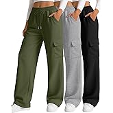 Neer 3 Pack Women's Cargo Sweatpants Wide Leg Baggy Loose Elastic Drawstring Pants Casual Athletic Joggers with 4 Pockets