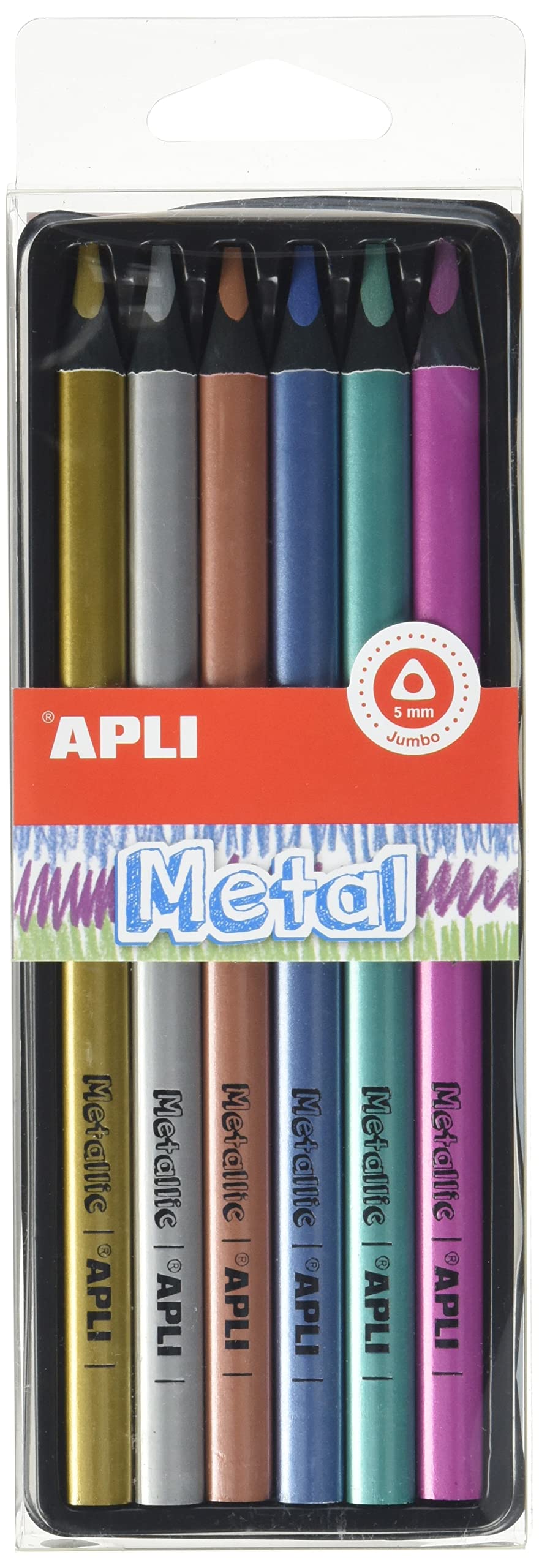 APLI 18061 – Set of Jumbo Metallic Coloured Pencils | Glossy Effect on Dark Paper | 5 mm Strong Lead for Creative Drawing and Decoration