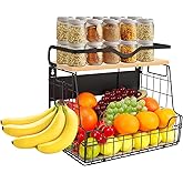 Livabber Magnetic Fridge Organizer Basket with Wood Shelf, Large Fruit Vegetable Storage Bin, Spices Snacks Condiments Rack for Kitchen Pantry, Laundry Room, Office, Magnetic or Wall Mount (Black)