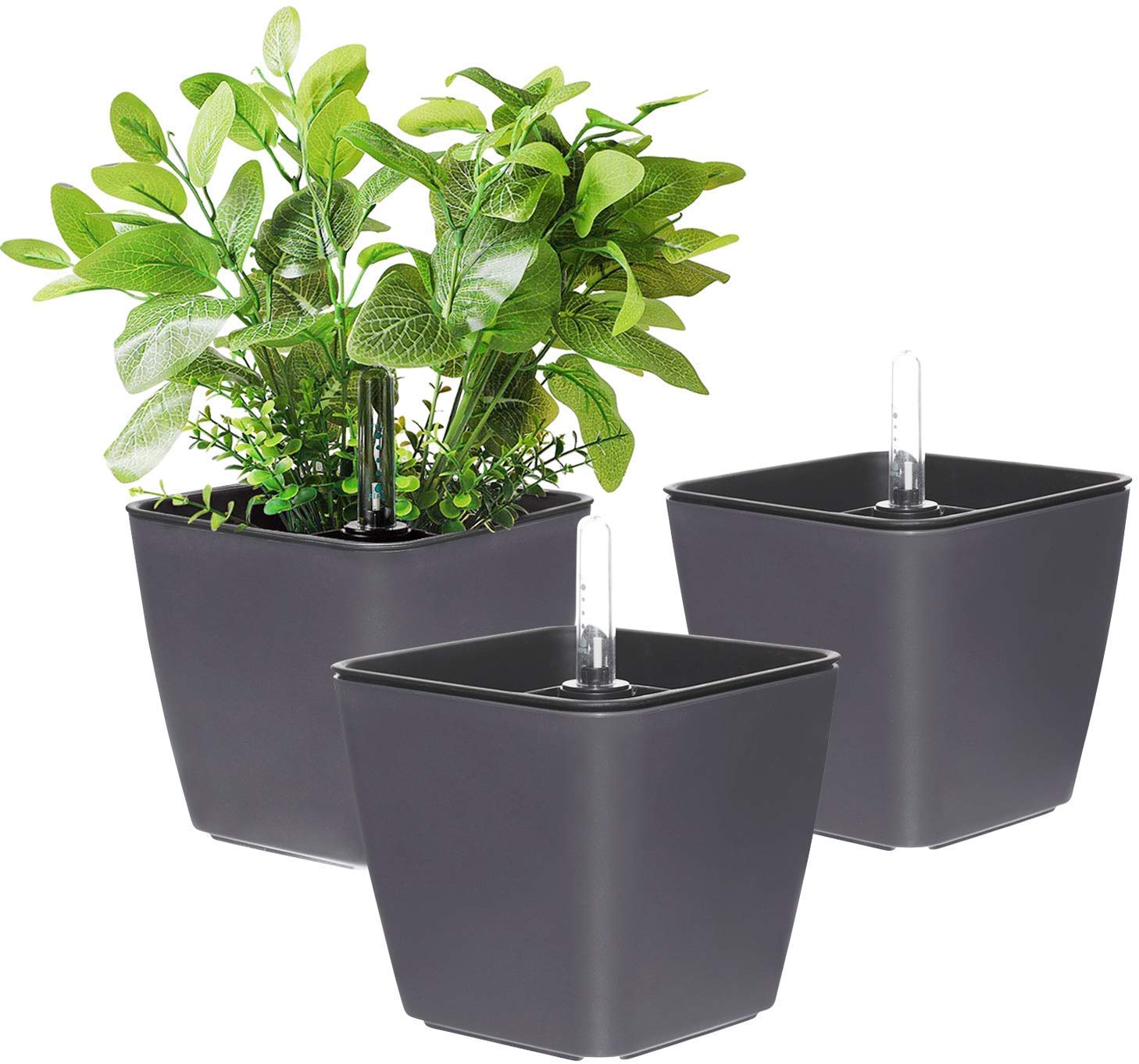 T4U 13.5CM Self Watering Plastic Planter with Water Level Indicator Pack of 3 - Grey, Modern Decorative Planter Flower Pot for House Plants, Herbs, Aloe, African Violets, Succulents and More