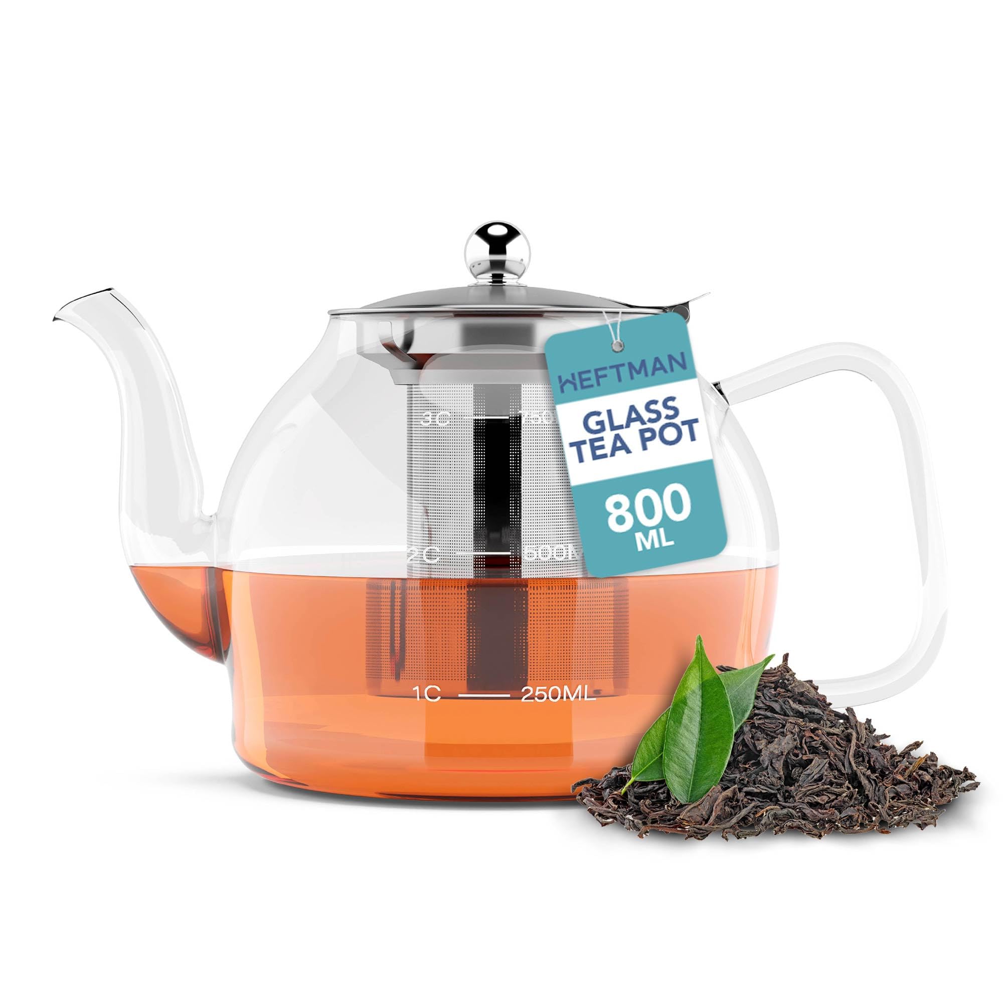 HEFTMAN Glass Teapot 800ml - Clear Glass Teapot with Infuser for Loose Tea, Serves 2-4 Cups, Heat Resistant Borosilicate, with Non-Dripping Spout & Removable Stainless Steel Strainer/Lid
