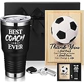 SiliFine 4 Pcs Coach Gifts Best Coach Ever, 30 oz Insulated Travel Tumbler with Whistle Plaque Gift Box Stainless Steel Mug Appreciation Gift Soccer Rugby Basketball(Soocer)