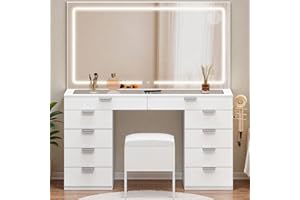 DWVO Makeup Vanity with LED Mirror and Charging Ports, 10-Drawer Vanity Set with Glass Top, Hair Dryer Holder, 3 Adjustable Light Colors, and Hidden Storage Stool