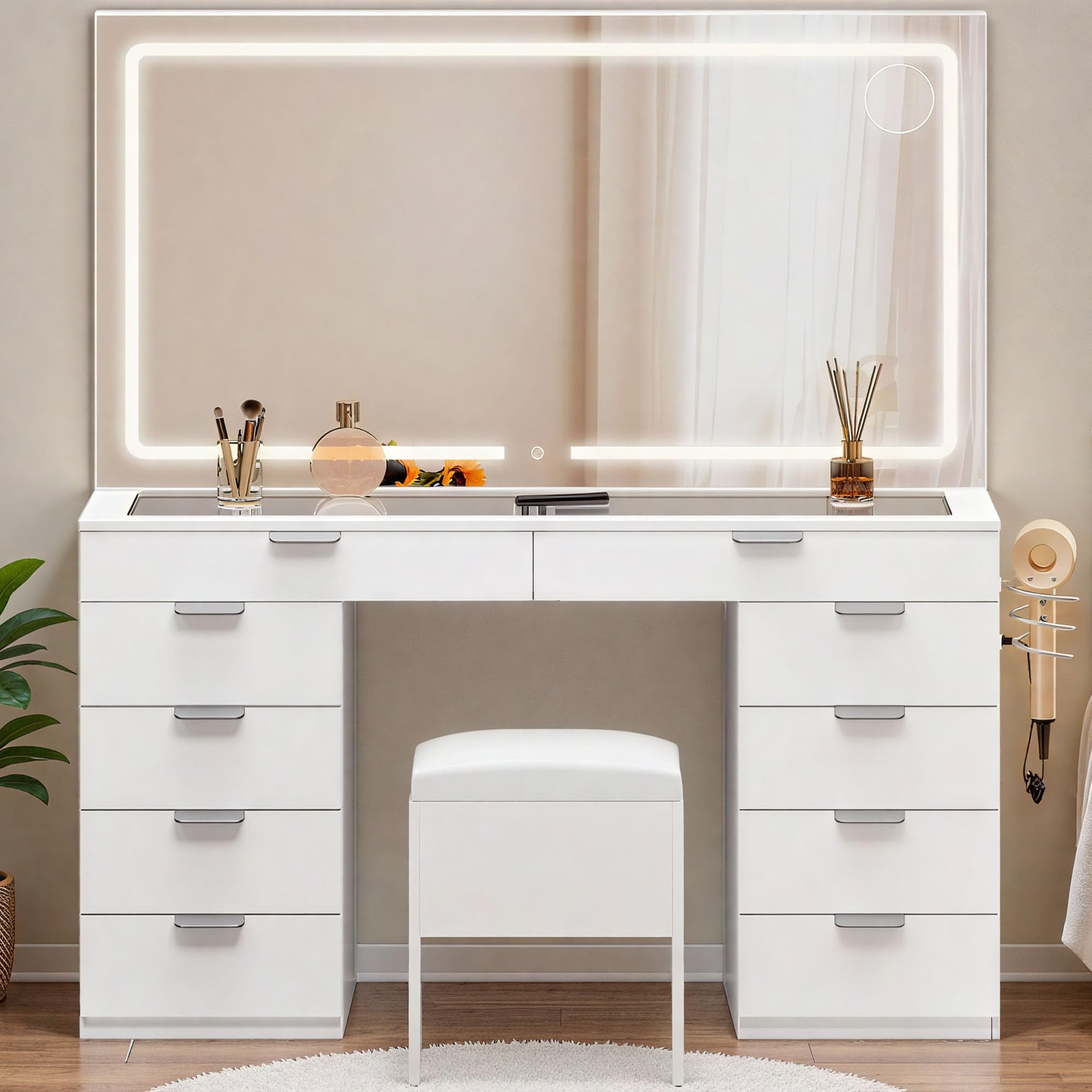 Photo 1 of **FACTORY SEALED** DWVO Makeup Vanity with LED Mirror and Charging Ports, 10-Drawer Vanity Set with Glass Top, Hair Dryer Holder, 3 Adjustable Light Colors, and Hidden Storage Stool