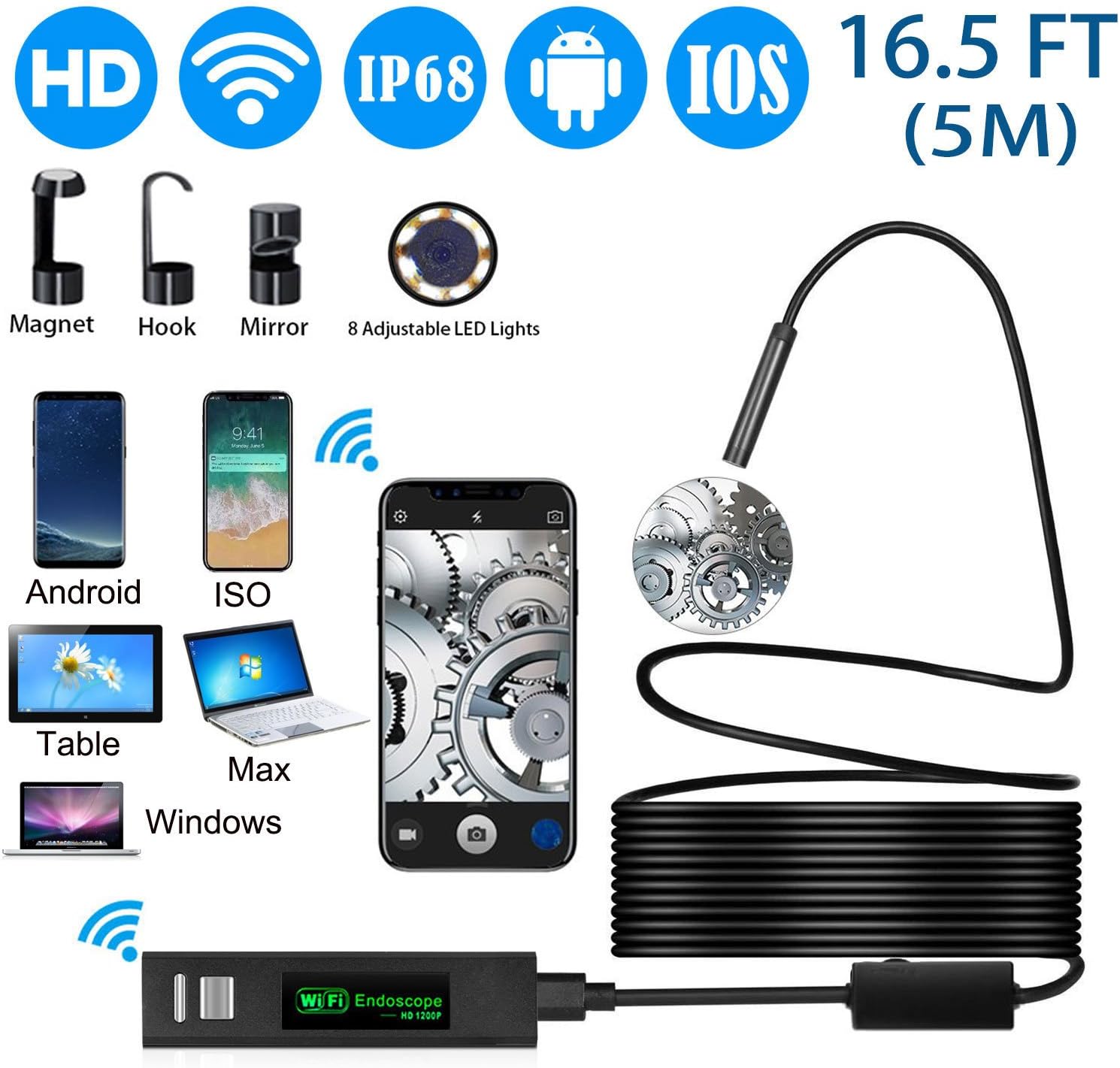 Wireles Endoscope Camera,OVEHEL 8mm HD 1200P Waterproof IP68 Wifi Endoscope Inspection Camera 2.0MP Borescope Snake Camera with 5M Cable for ISO and Android ,iPhone,Samsung,Table-Black(16.5FT)