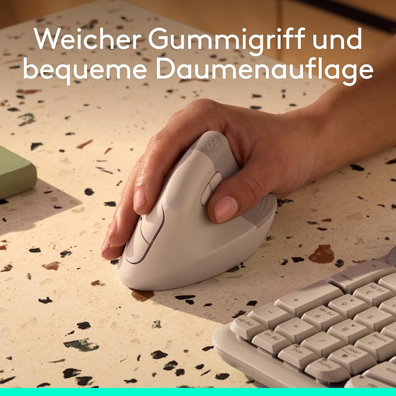 Lift Vertikale Ergonomische Maus, Kabellos, Bluetooth oder Logi Bolt USB-Empfänger, Leise Klicks, 4 Tasten, Kompatibel mit Windows/macOS/iPadOS, Laptop, PC - Sand