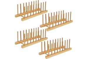 4 Pack Bamboo Wooden Dish Drying Rack, Plate Rack Stand Pot Lid Holder Kitchen Storage Cabinet Organizer for Dish, Bowl, Cup,