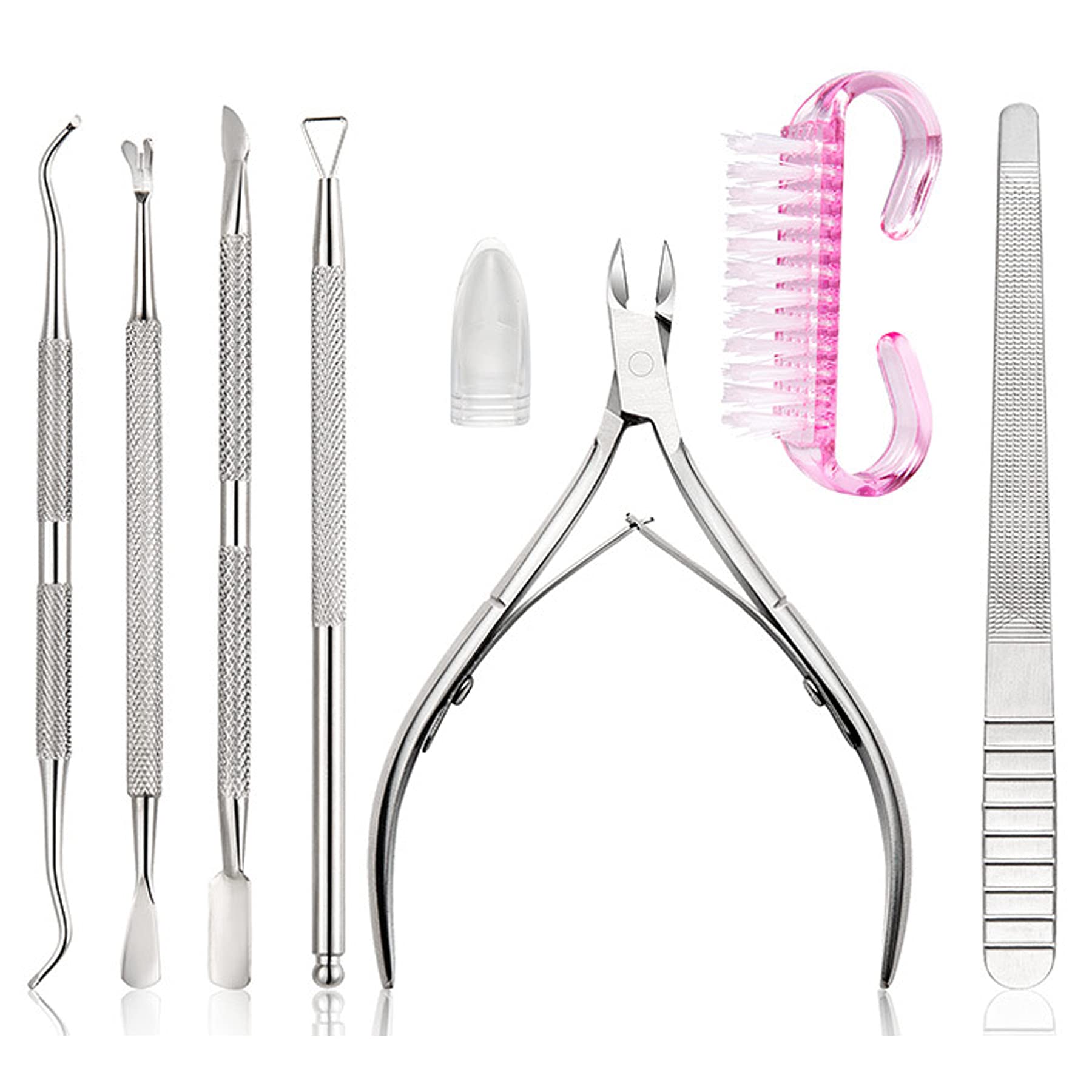 MINGUUK Nail File Set【7 Pcs】,Premium Stainless Steel Cuticle Nippers and Cuticle Pusher Nail Tools Set, Nail Care Kit Set Brush for Fingernail Toenail Manicure