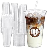 Glotoch Express Plastic Cups with Lids and Straws [100 Sets - 24oz] Disposable Clear Crystal Plastic Iced Coffee Cups with Lids BPA Free To Go Cold Cups for Cold Drinks, DIY Juice, Smoothie,Party
