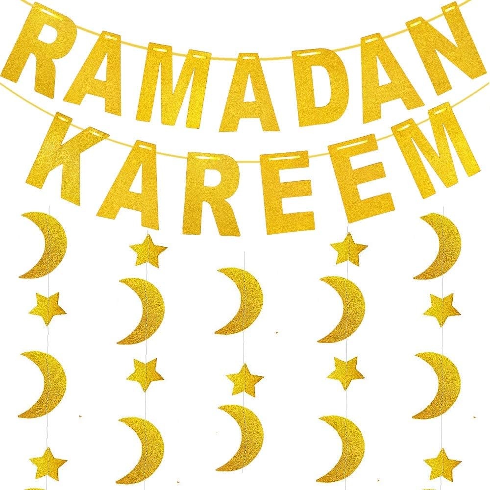 ZLIXING Ramadan Decorations for Home Ramadan Kareem Banner with Gold Glitter Moon Stars Garland for Eid Mubarak Decor
