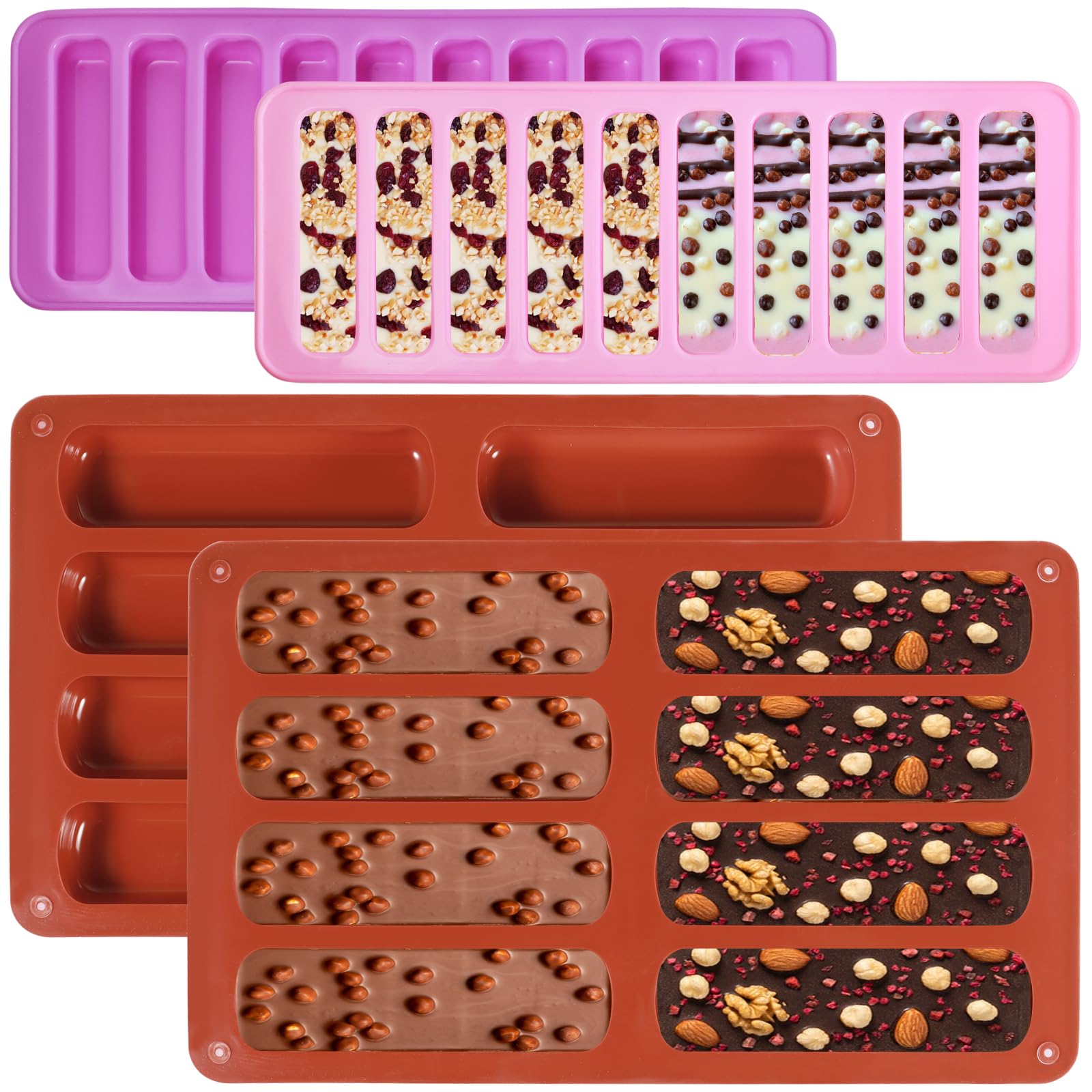 4PCS Silicone Granola Bars Mould, Chocolate Bar Moulds, 8 and 10 Cavity, Silicone Cake Moulds for Baking, Anti-Stick, Easy Demoulding,for Baking Bread Brownie Cheesecake Butter Soap