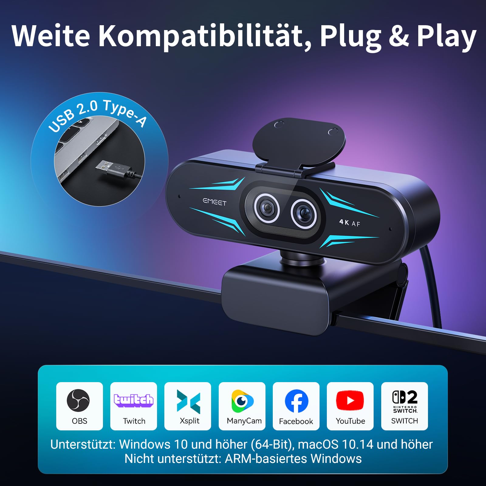 EMEET C60E Dual-Kamera-4K-Webcam für Streaming, Weitwinkel- und Teleobjektiv, bis zu 11-facher Hybrid-Zoom & PDAF-Autofokus, Fernbedienung, RGB-Beleuchtung, 2 Mikrofone, ideal für Livestreaming 8