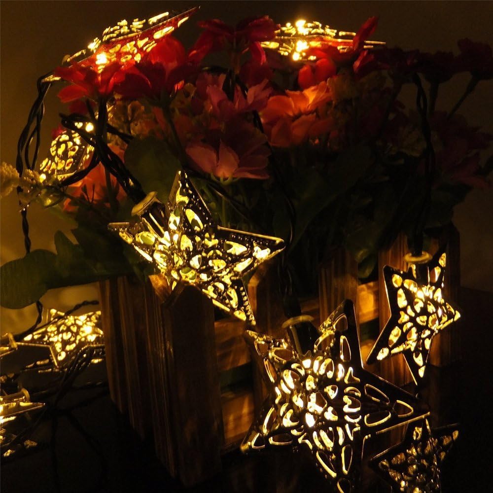 JOJOO Solar Powered 20 LED 16ft String Lights Metal Ornament LED Lights for Garden, Wedding, Party, Outdoor and Christmas, Amber (Warm white Stars 20LED)