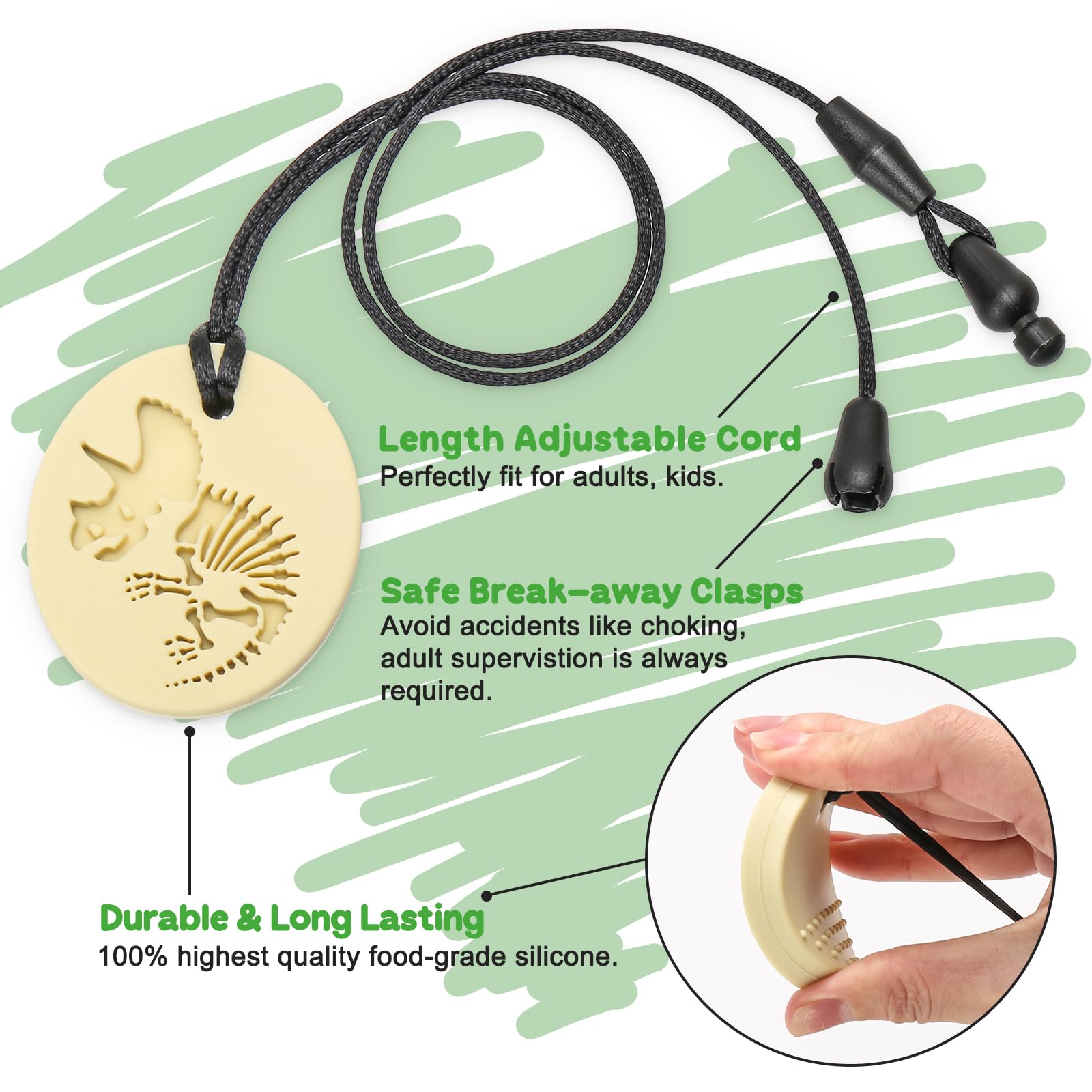 Sensory Chew Necklaces for Aggressive Chewers - Silicone Chewelry for Autism, ADHD, Oral Motor Therapy & Baby Teething - Dinosaur (BPA-Free, Textured Surface)