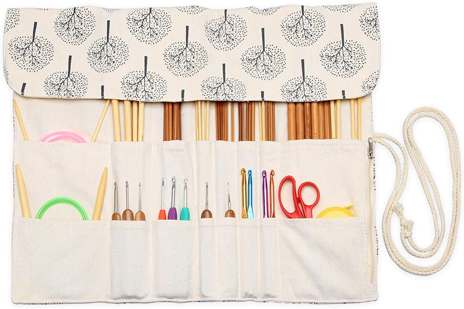 Teamoy Knitting Needle Wrap for Knitting Needles (up to 14-Inch/35.5cm), Crochet Hooks Circular Knitting Needles Storage Case with Slots, Tree (Accessories Not Included)