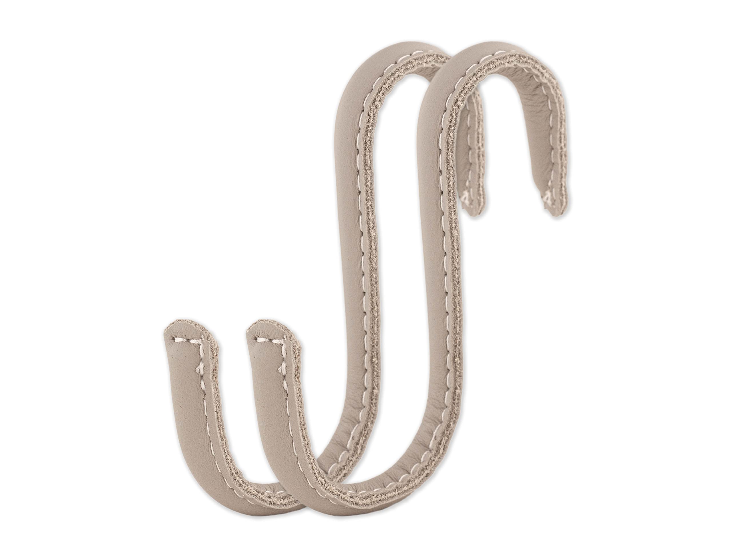 Brute Strength - S Shaped Hooks Wrapped in Full Grain Leather - 2 pcs - Light Grey - 10 cm Stainless Steel Metal Hangers Hanging Hooks for Kitchen, Work Shop, Bathroom