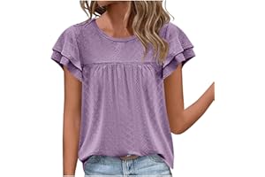 GOFLIC Summer Tops for Women Eyelet Ruffle Sleeve Blouses Solid Color Babydoll Shirts Casual Loose Crewneck Tunic Tops