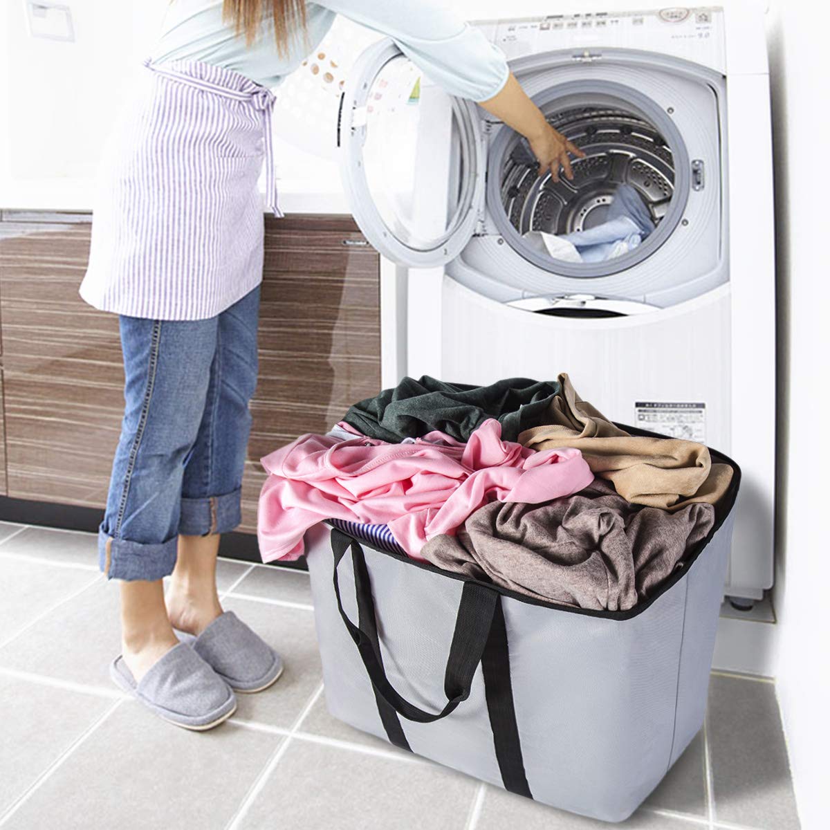 WISHPOOL Extra Large Laundry Basket Shopping Tote Bag Collapsible Laundry Hamper Handles Foldable Laundry Bags Standing Dirty Clothes Storage Organizer (Light Grey)