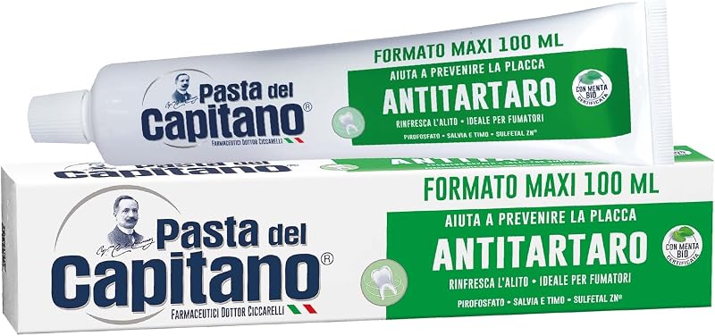 Pasta del Capitano, Dentifricio Antitartaro Bio, Dona Freschezza e Rinfresca l'Alito, Ideale per i Fumatori, Aiuta a Prevenire la Placca, 100% Made in Italy, Tubetto da 100 ml