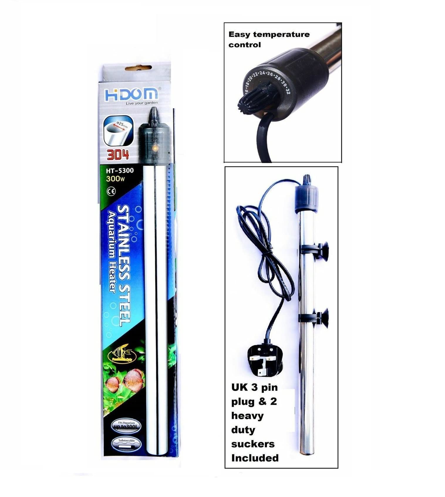 Hidom Stainless Steel 300w Submersible Aquarium Fish Tank Heater - HQ 304 Spec Stainless Steel