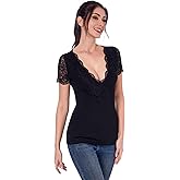 AmélieBoutik Women Lace Trim Sleeve Neckline Deep V Neck Sexy Short Sleeve Tops T-Shirt