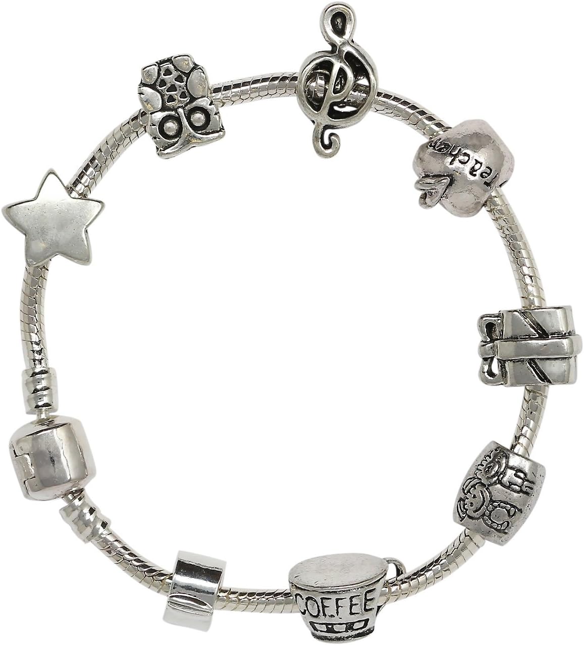 Truly Charming Teacher Themed Silver Charm Bracelet Pandora Style Gift Boxed 20cm
