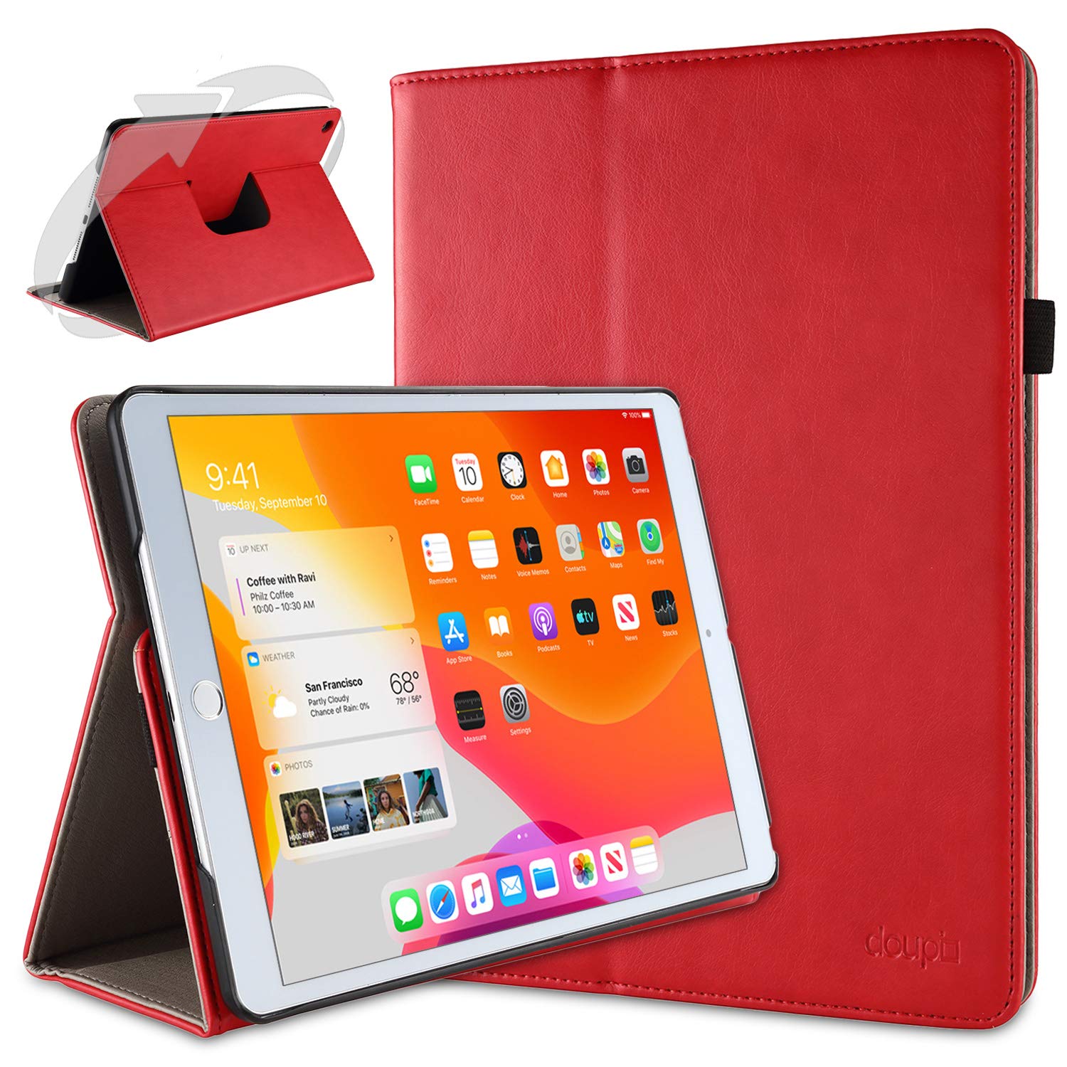 doupi Smart Flip Cover for iPad 2020 (8. Gen.), iPad 2019 (7. Gen.) 10.2 inch, Deluxe Protective Case with Sleep/Wake Function 360 Degree Rotatable Stand Screen Protector, Red