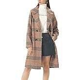 chouyatou Women's Classic Notched Collar Double Breasted Plaid Wool Blend Long Trench Coat