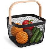 Wood-Handle Produce Gathering Tote, Black Steel Wire Basket, 25cm Square | 25 x 25 x 18cm black square wire basket with reinforced rim and smooth wooden handle for harvesting, rinsing and organizing