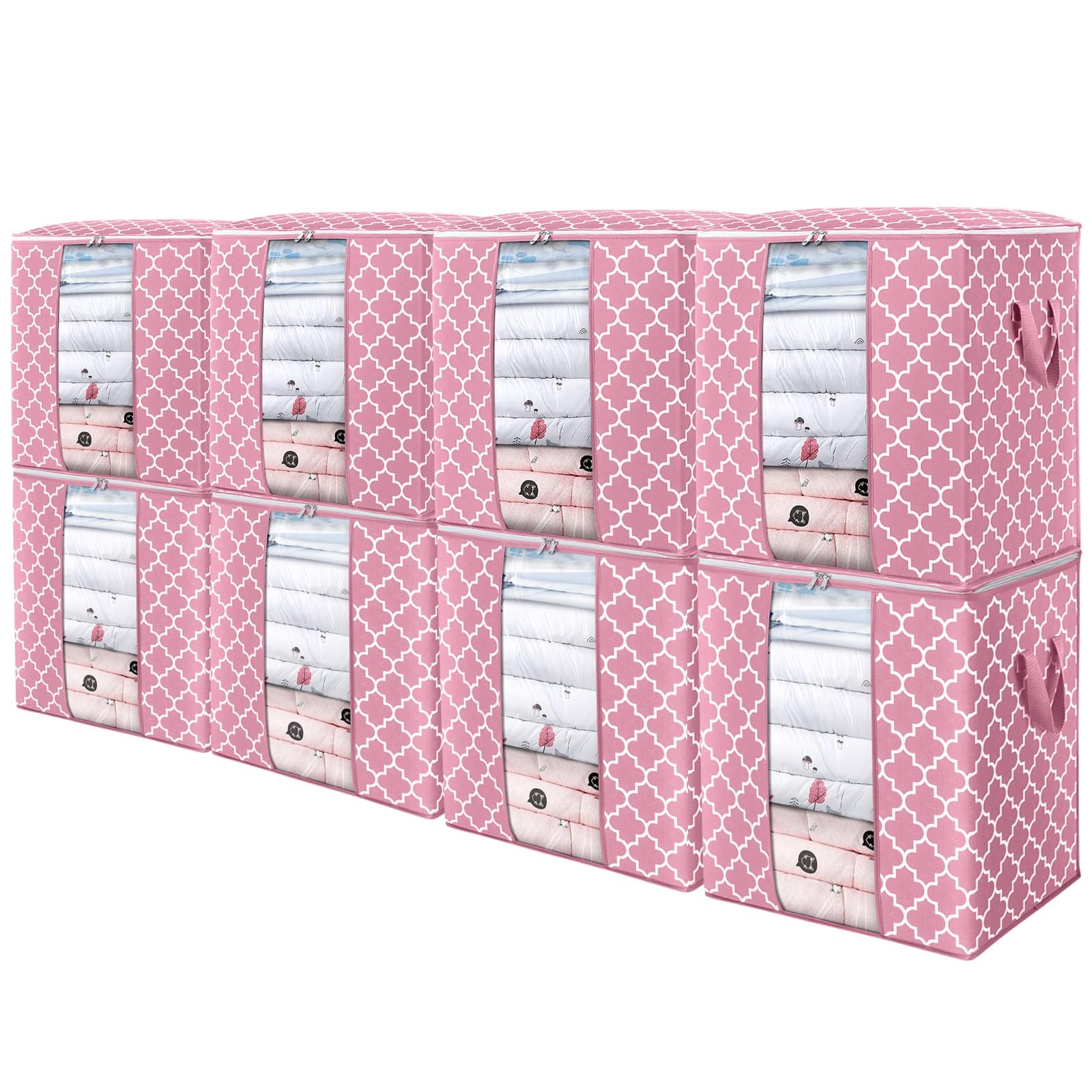 WISELIFE Storage Bags 8 Pack/100L Large Blanket Clothes Organization and Storage Containers for Comforters,Bedding, Foldable Organizer with Reinforced Handle, Clear Window, Sturdy Zippers,Pink Image