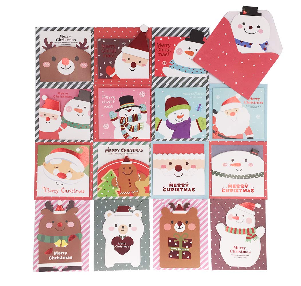 Merry Christmas Greeting Cards, Lovely Cartoon Creative Design / Mini Gift Greeting Cards - 20 Cards & Envelopes, Best Gift Cards for Kids, Families, Friends, Colleague
