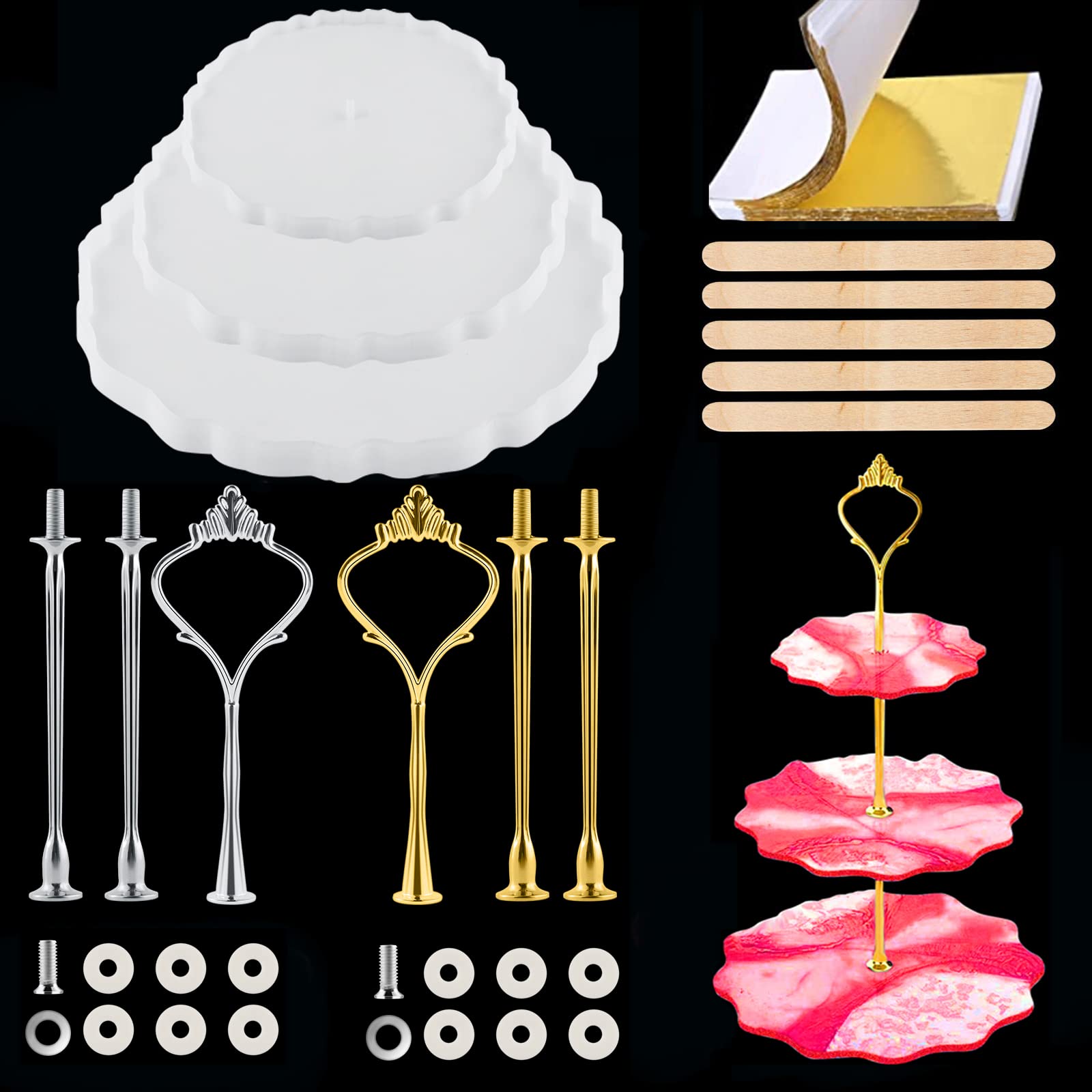 Cake Stand Resin Mold, 3 Tier Epoxy Silicone Casting Mould Set, Reusable Dessert Cake Fruit Holder Casting Crafts Cupcake Tray Stand Moulds for Home Party Wedding Festival Decoration(Round Shape)