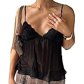 ICNGLKSND Women Y2K Sleeveless Mesh Cami Low Cut Spaghetti Strap Lace Trim Sexy Crop Top Sheer Flowy Beach Tops Pleated Tank