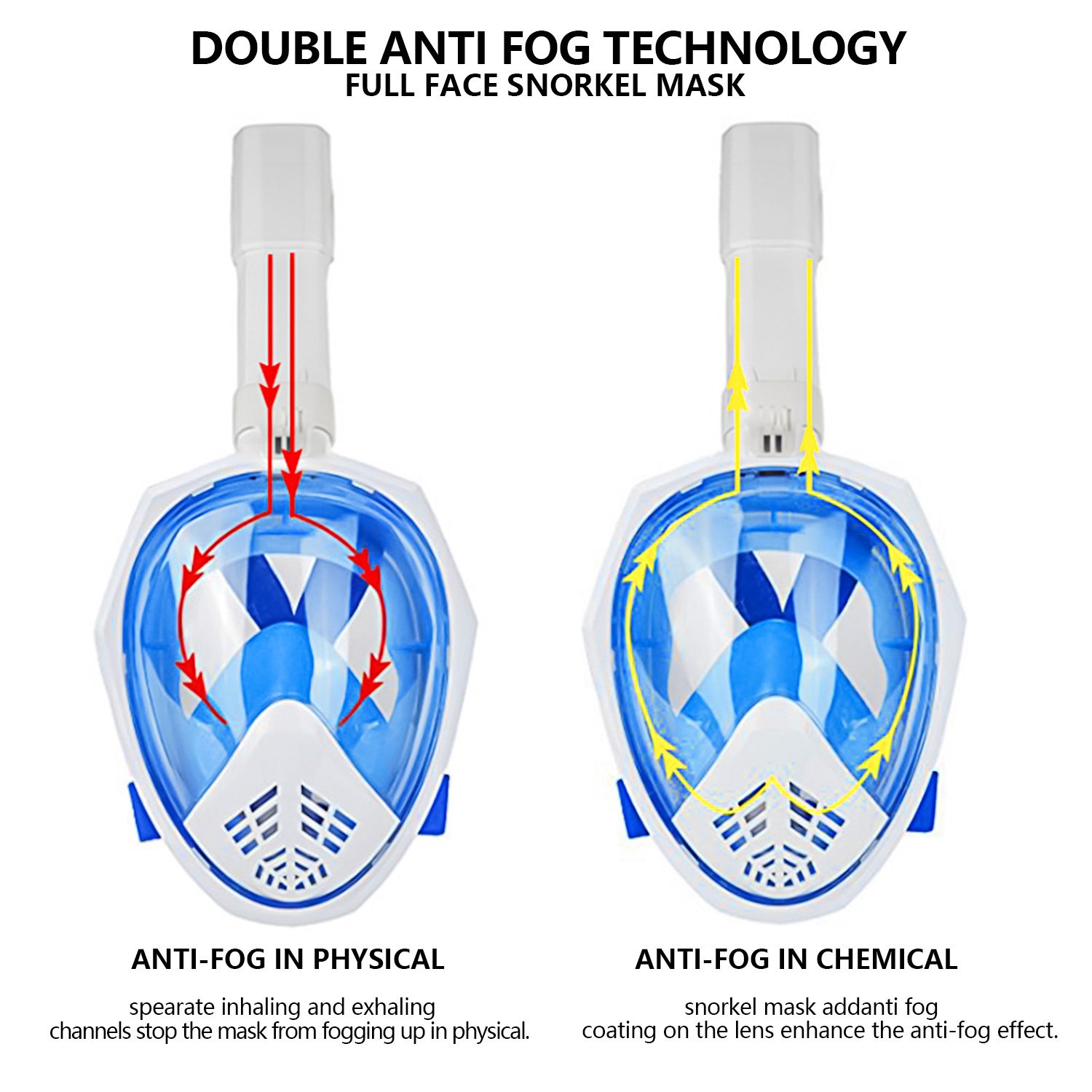 ANHONG Foldable Full Face Snorkel Mask Panoramic View Diving Scuba Mask Easy Breath with Anti-Fog and Anti-Leak with Adjustable Head Straps Design for Adults,Youth,Kids (Blue, L/XL)