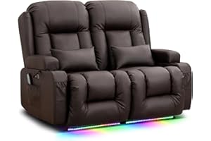 TUNYI Power Loveseat Recliner Sofa - Home Theater Seating with Massage & Heat Faux Leather RV Recliner Loveseat Sofa with USB/Cup Holder/Side Pocket/LED Light/Pillow (Brown)