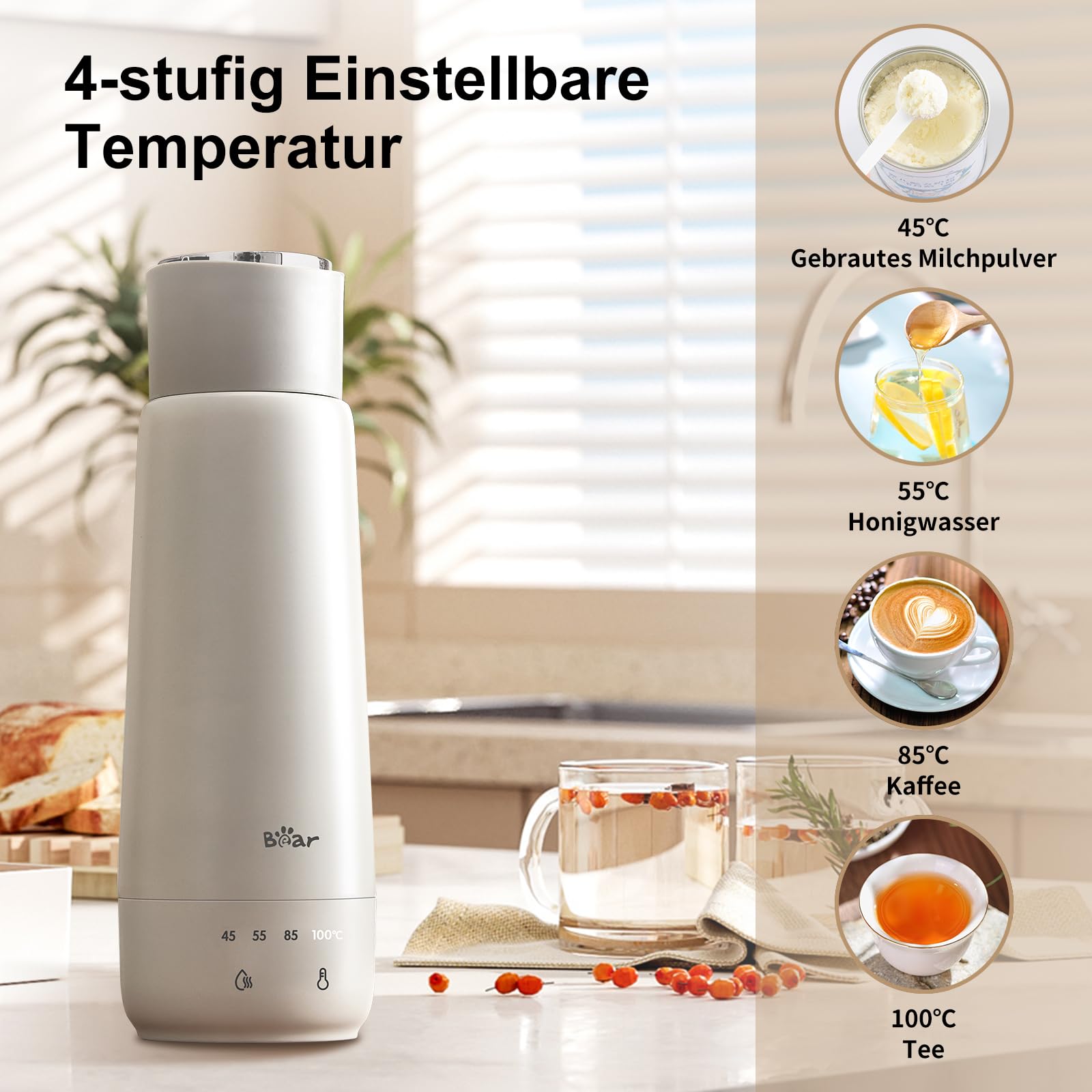 Bear 300ml elektrischer Wasserkocher, 3-in-1 Reise-elektrischer Wasserkocher, Doppelschicht 304 Edelstahlliner, tragbarer kleiner schneller Heizungsisolierungsbecher(Doppeltaste) 2