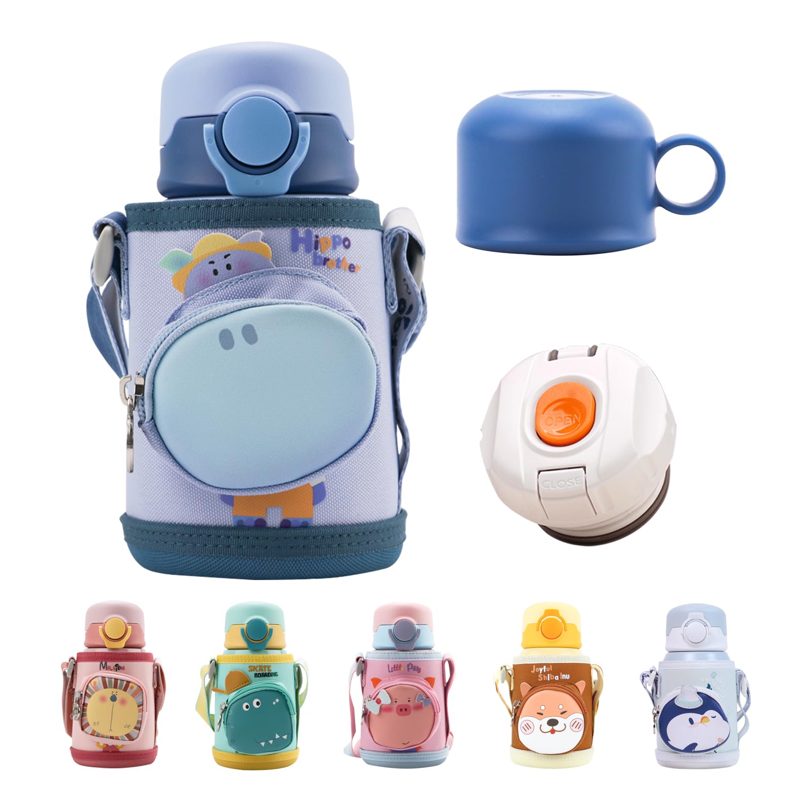 Bunnytoo 水筒 子供 2WAY ストローボトル 真空断熱 保温 保冷 450ml/500ml 魔法瓶 キッズボトル 真空二重構造 漏れない ステンレスボトル マグボトル スポーツ コップ付き ポーチ付き ストロータイプ & コップタイプ コンパクト ワンタッチ ストラップ 子ども おし
